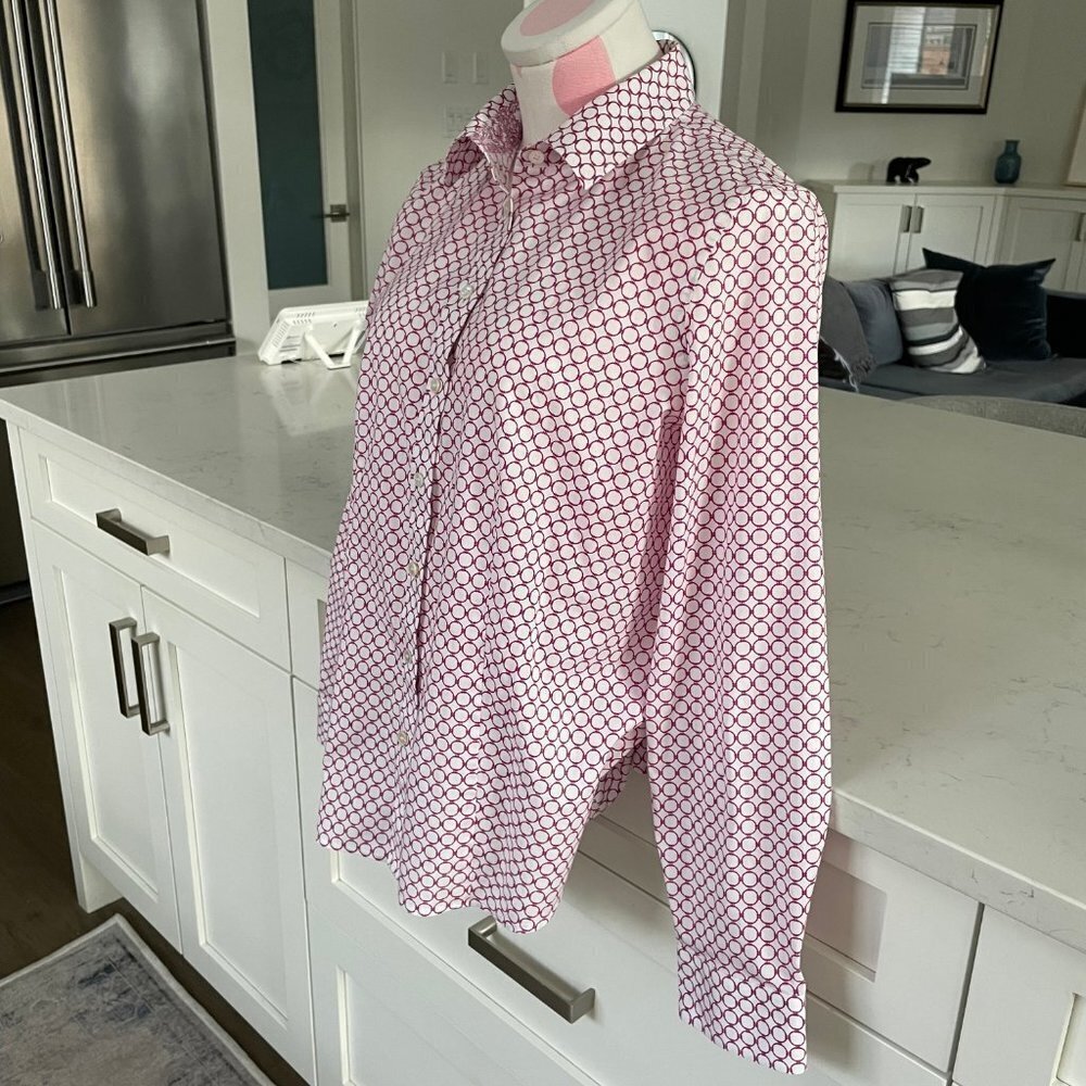Talbots Petites Lg Slv Button Down Circle Print Cotton Blouse Fuschia Wht Sz 10P - Picture 2 of 11